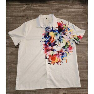 Men's Dress Shirt Size Large Lion Art Button-Up Abstract Splash Art Graphic Bold